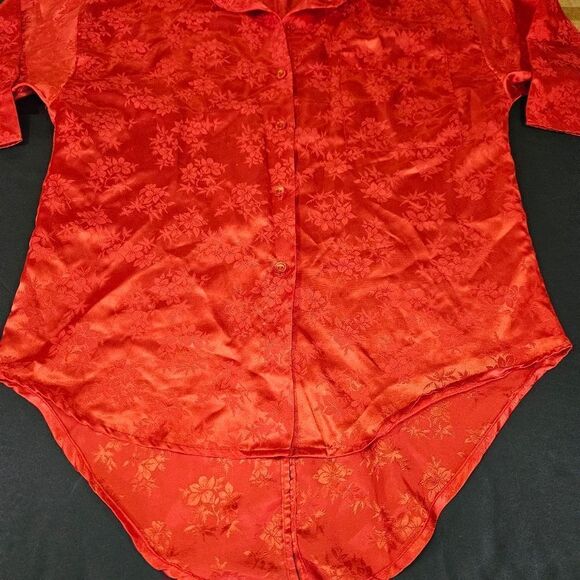 Vintage Gina USA Red Floral Jacquard Satin Short Sleeve Button Down Sleep Shirt - Picture 3 of 7